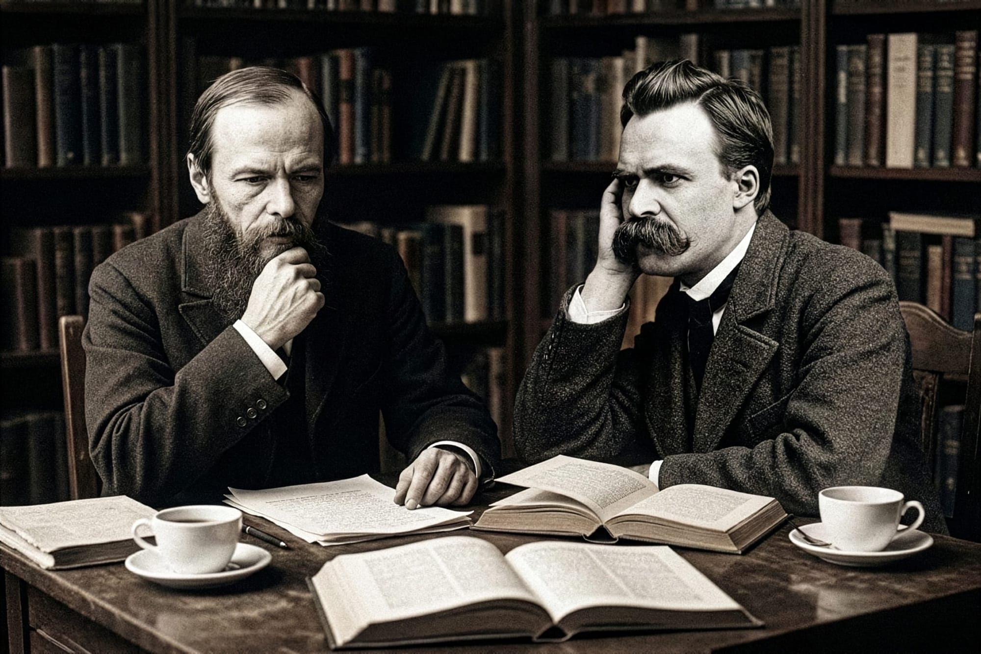 Fotografia antiga. Dois homens de época estão sentados lado a lado, à mesa, em uma biblioteca. Ambos pensando profundamente.