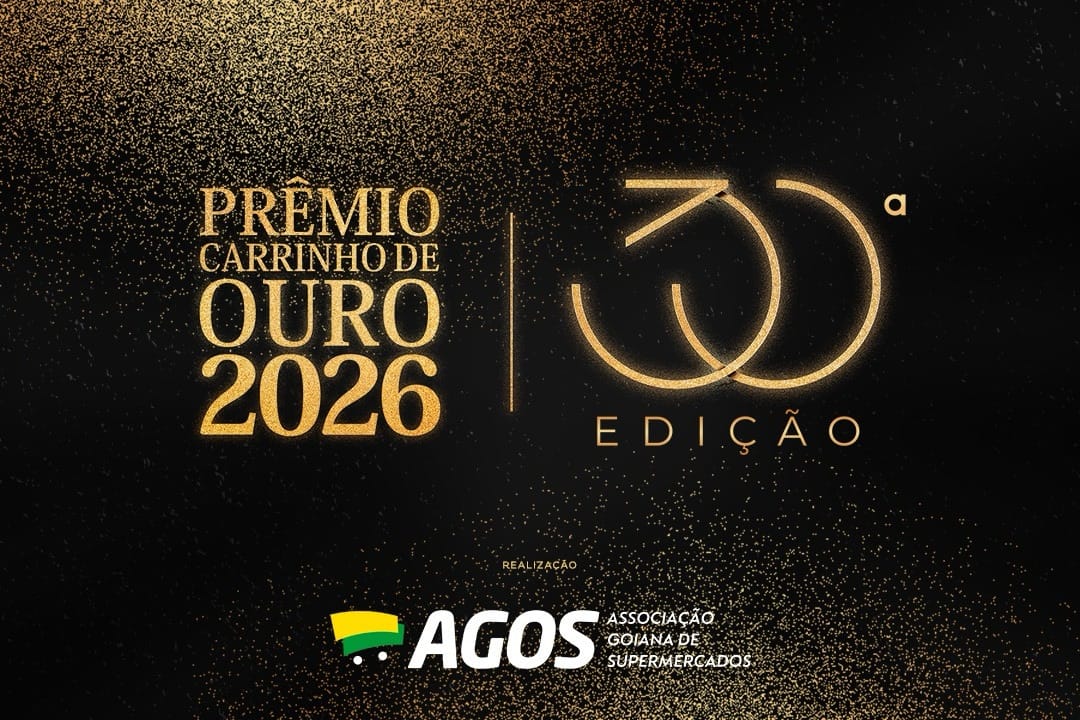 Arte promocional em preto e dourado com texto Prêmio Carrinho de Ouro 2026 e logotipo da AGOS