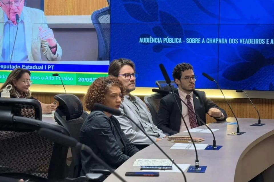 Painel de audiência pública com participantes sentados