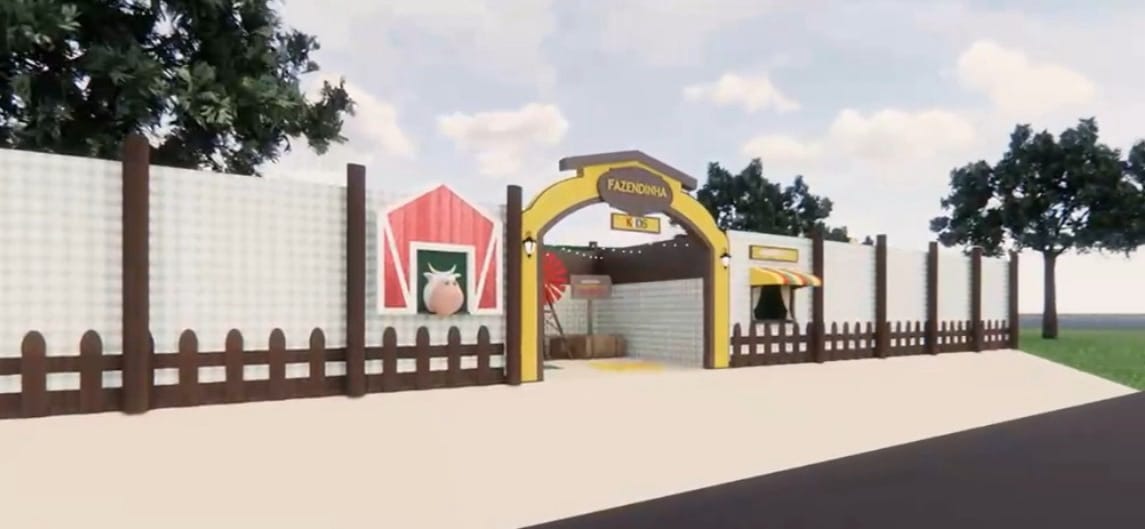 Porta de entrada temática com arco e placa 'Fazendinha'