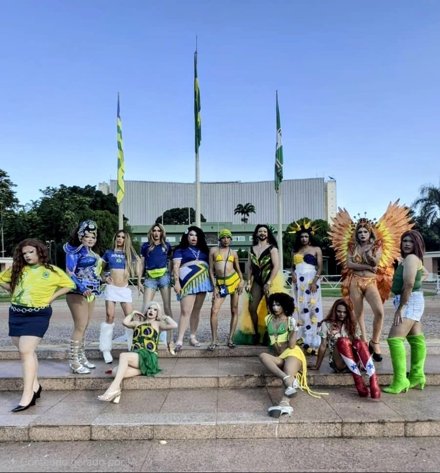 Elenco da Drag Night Brasilidades em pose coletiva com bandeiras ao fundo