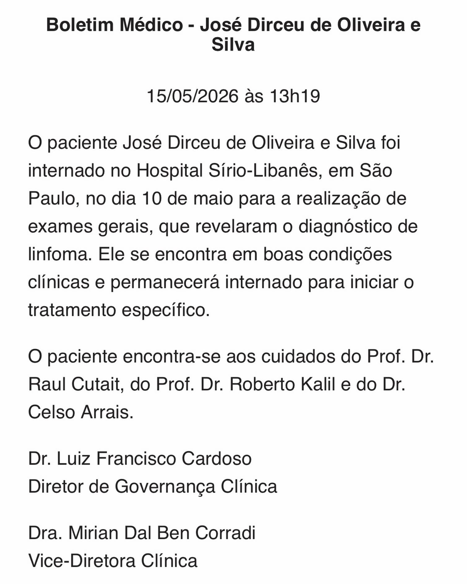 Imagem digital do boletim médico com texto sobre internação em 10/05/2026 e diagnóstico de linfoma.