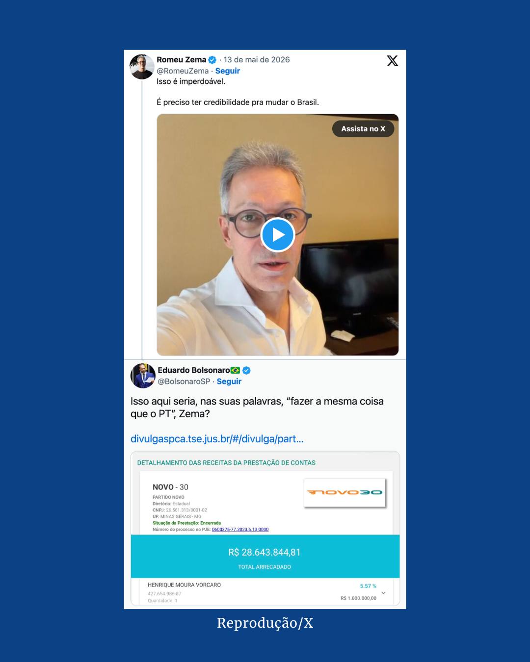 Captura de tela de publicações em rede social mostrando comprovante do TSE