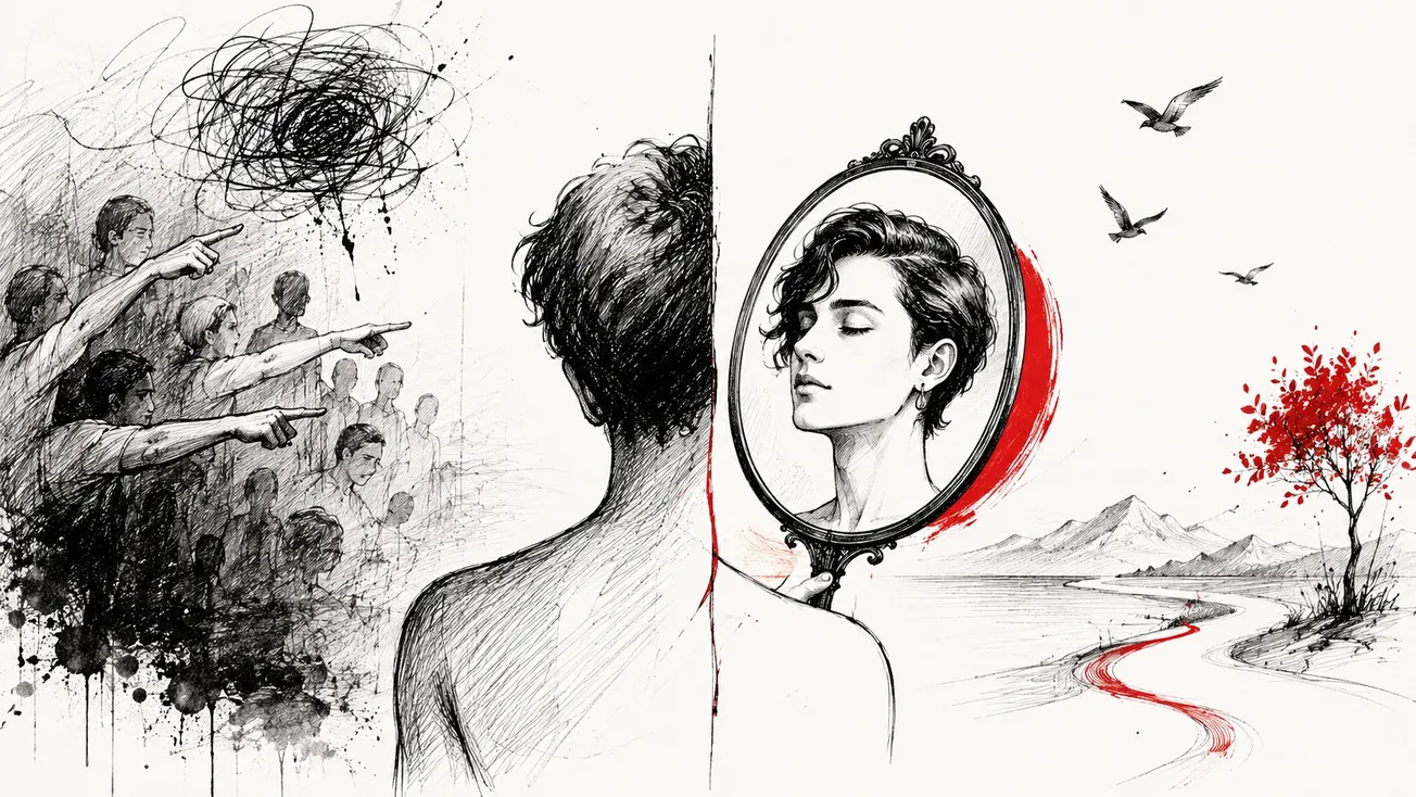 Ilustração em preto e branco de pessoa olhando-se no espelho; à esquerda, multidão apontando; elementos em vermelho destacam caminho e árvore