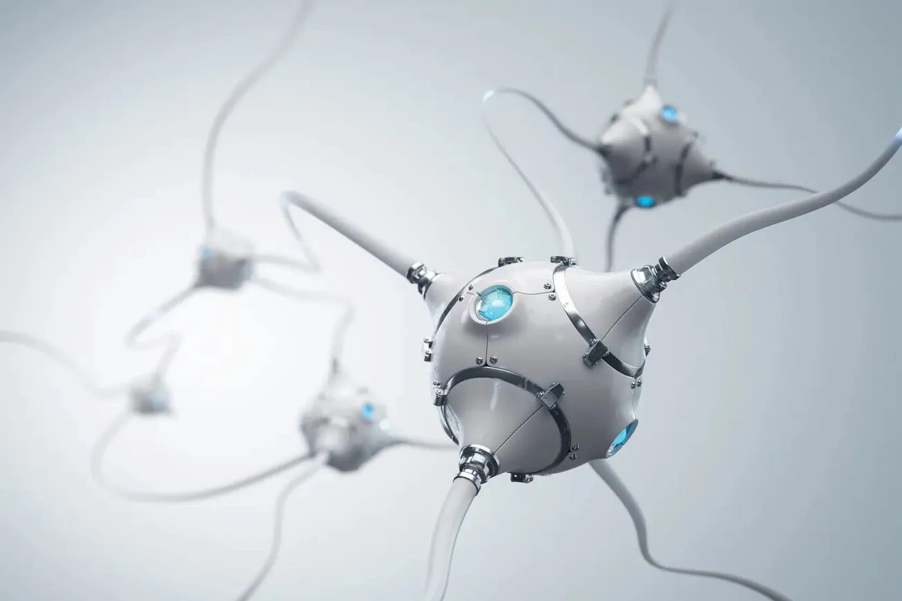 Representação 3D estilizada de neurônios conectados, em tons claros
