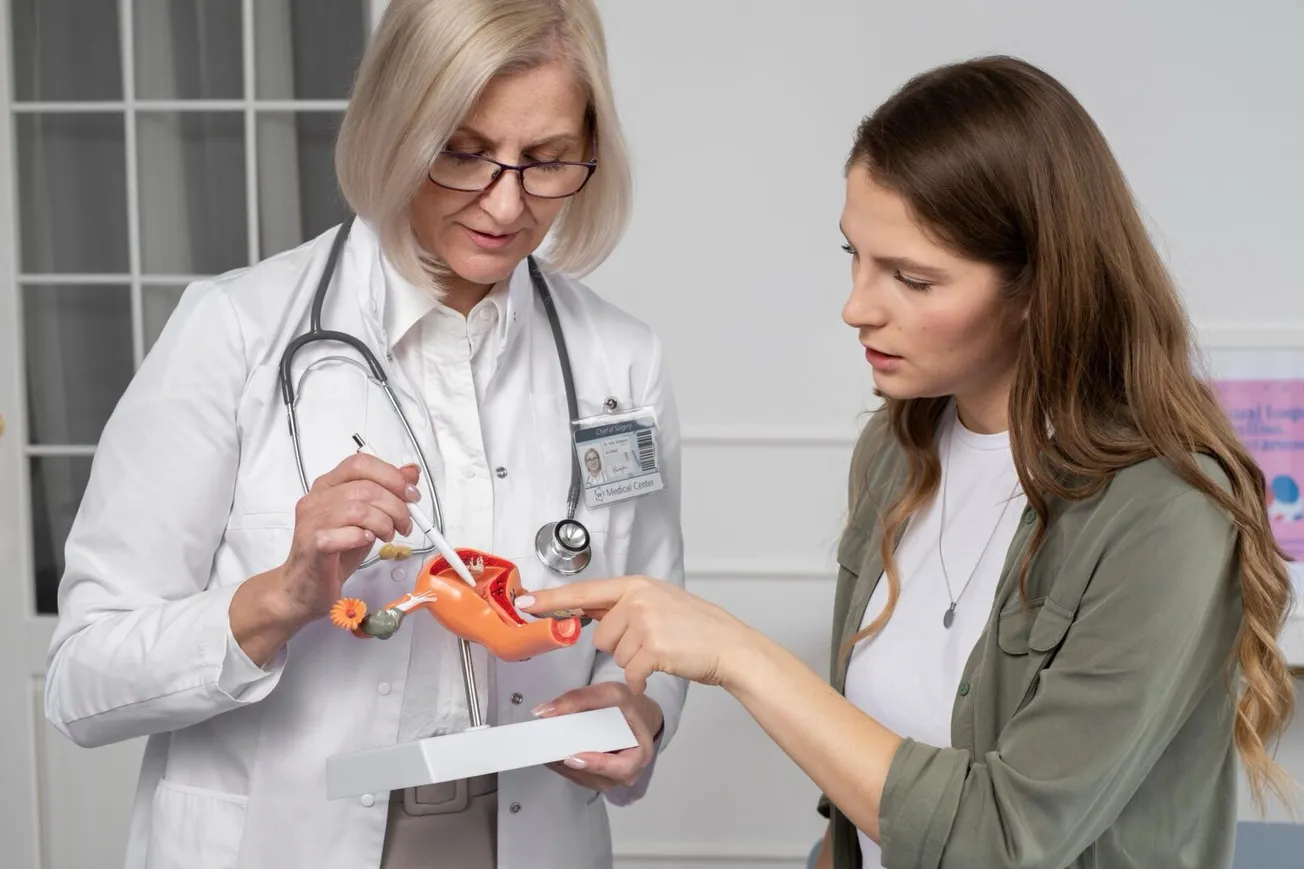 Médica explica anatomia do útero a paciente, mostrando modelo didático para orientação sobre prevenção do câncer de colo de útero
