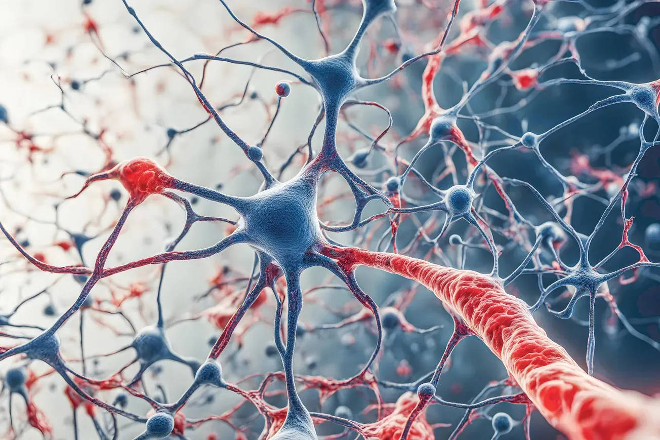 Ilustração de neurônios conectados por axônios e dendrites, com destaque para conexões sinápticas