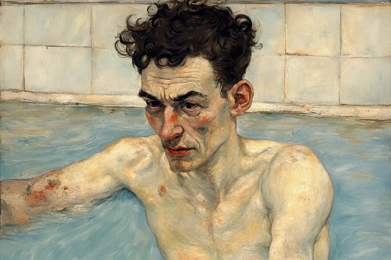 Pintura de homem em banheira, expressão tensa e olhar fatigado