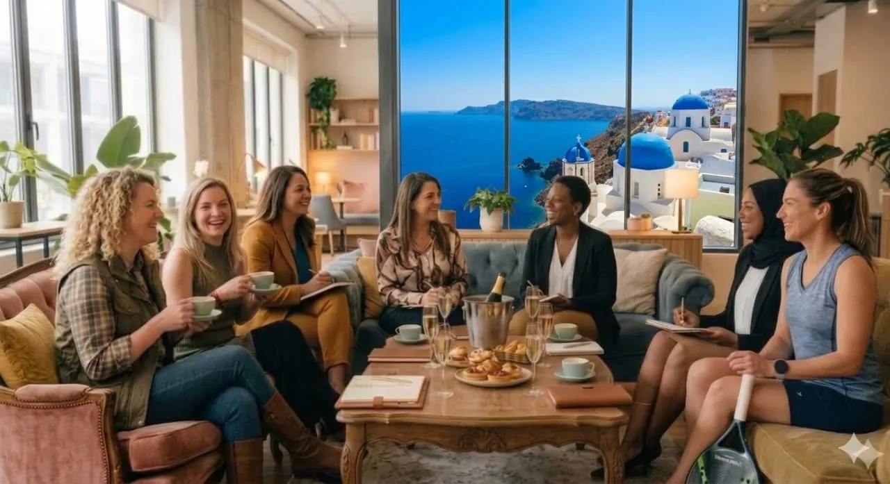 Grupo de mulheres reunidas em sala conversando, mesa com café e petiscos e paisagem costeira ao fundo