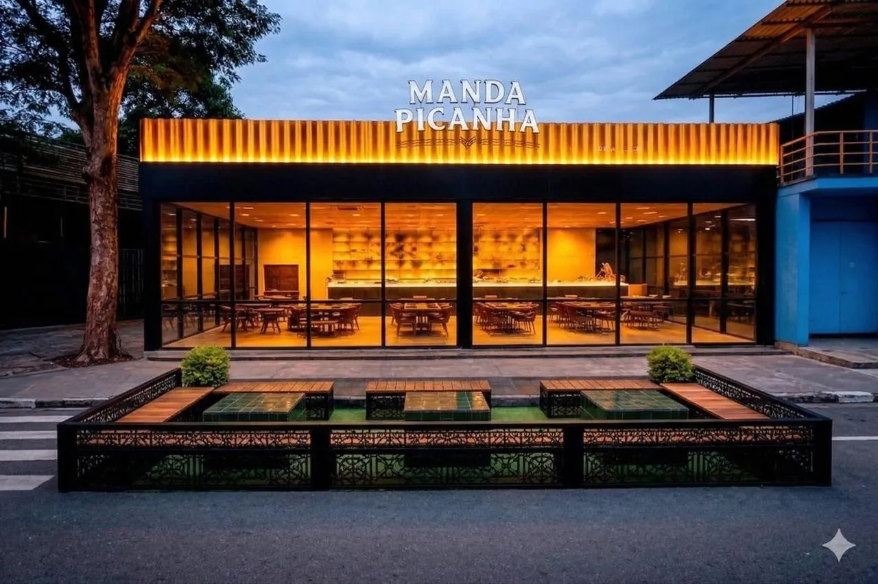 Fachada e interior do restaurante Manda Picanha em Goiânia